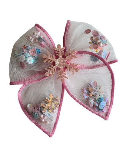 Pink Snowflake Shaker Hair Bows - Christmas Glitter Confetti Bows for Girls