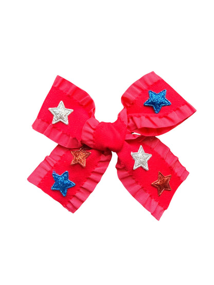 Patriotic Ribbon Hair Bows with Red, Blue & Silver Stars for Girls | 4th of July