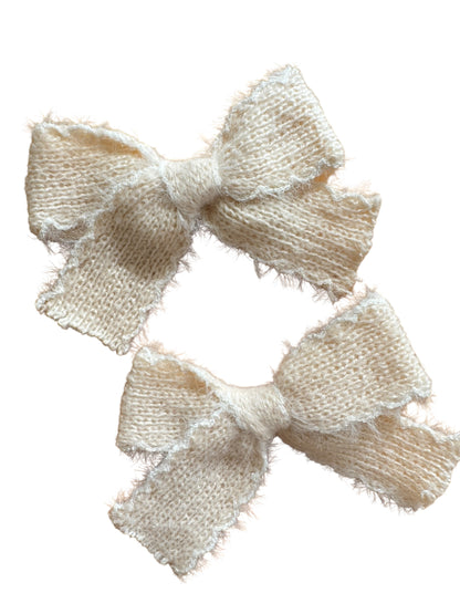 Knit and White Trim Pigtails Hair Bows for Girls - Soft Knit Pigtail Clips