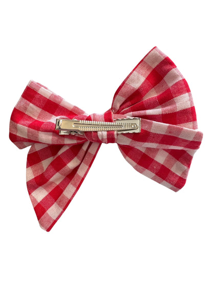 Red Checkered Jingle Hair Bow - Red Plaid Christmas Bow for Girls