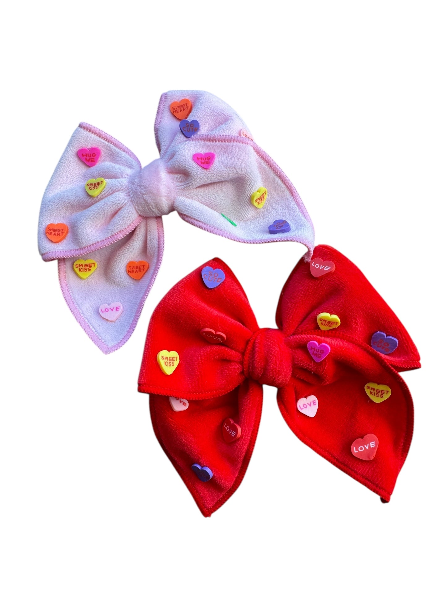 Red or Pink Velvet Candy Heart Hair Bow - Valentine's Day Hair Bow with Conversation Hearts