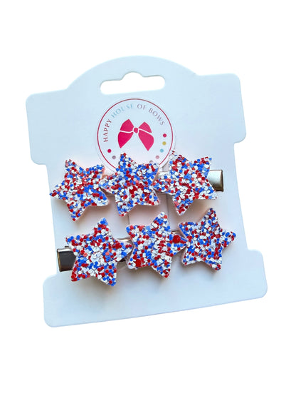 Patriotic Glitter Star Hair Clips for Girls | Red, White & Blue