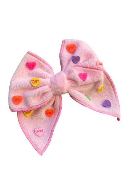 Red or Pink Velvet Candy Heart Hair Bow - Valentine's Day Hair Bow with Conversation Hearts