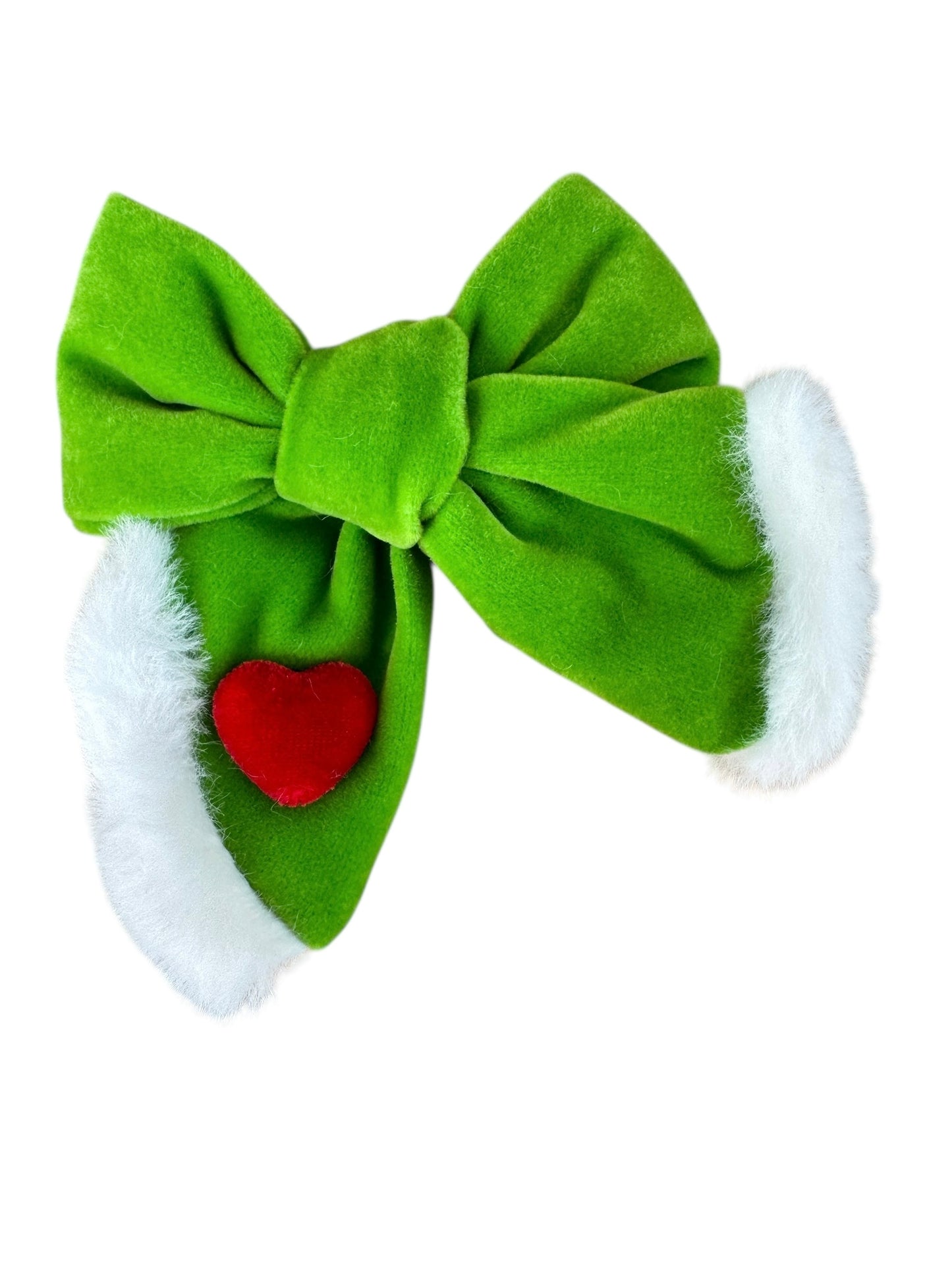 Grinch Hair Bow - Grinch Green & Red Heart Bow