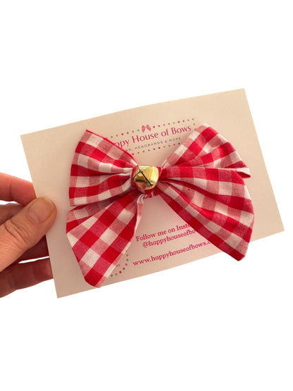 Red Checkered Jingle Hair Bow - Red Plaid Christmas Bow for Girls