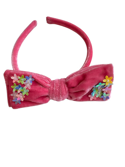 Velvet Bow Headband with Sequin Flowers - Girls & Women Hair Accessory