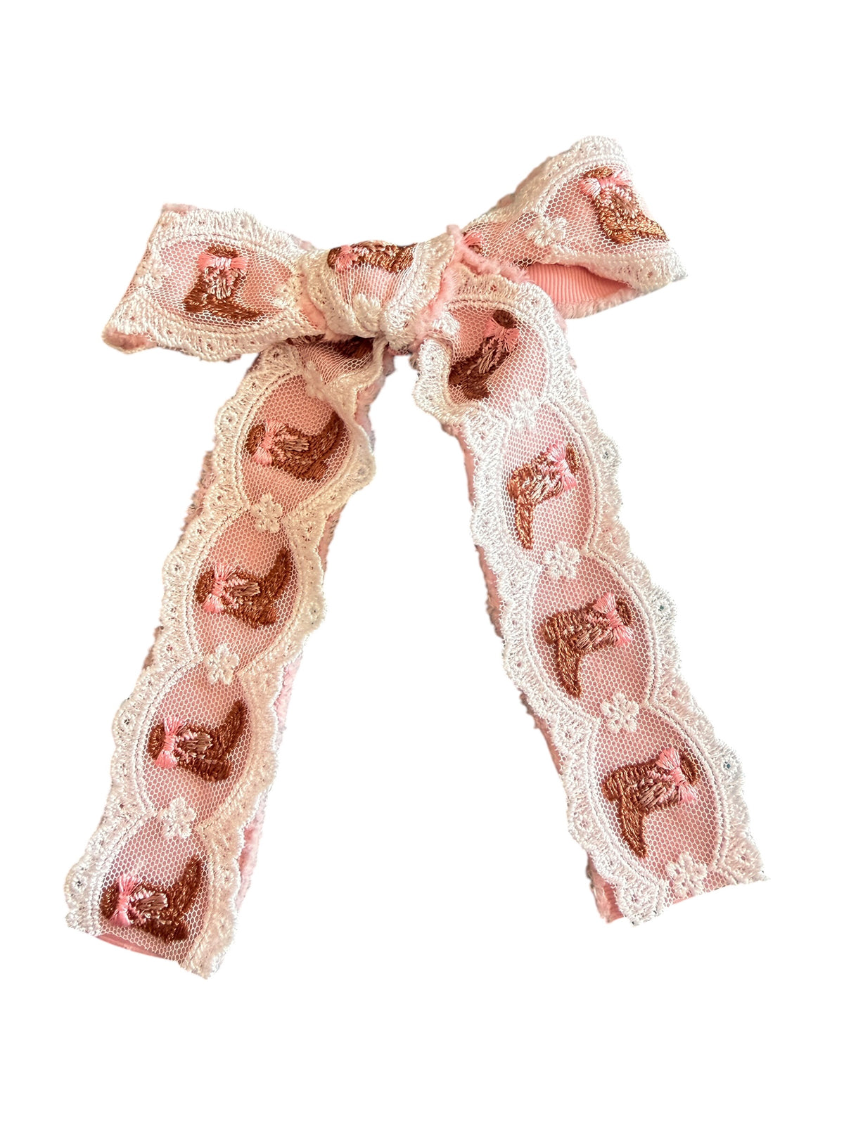 Pink Cowboy Boot Long Tail Lace Boutique Hair Bow for Girls