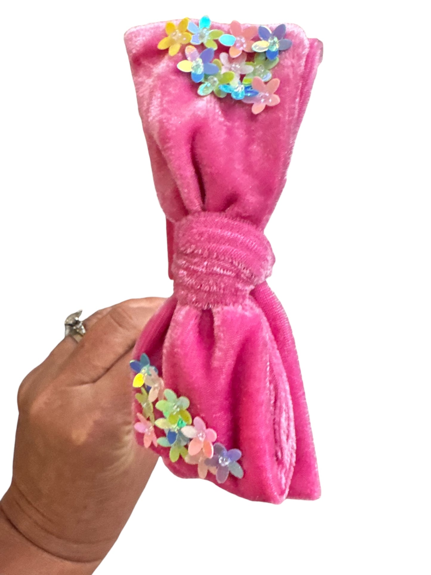 Velvet Bow Headband with Sequin Flowers - Girls & Women Hair Accessory
