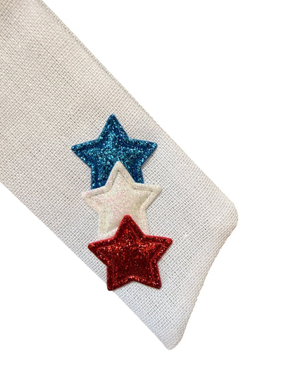White Linen Star Hair Bow – Patriotic Long Tail Bow for 4th of July
