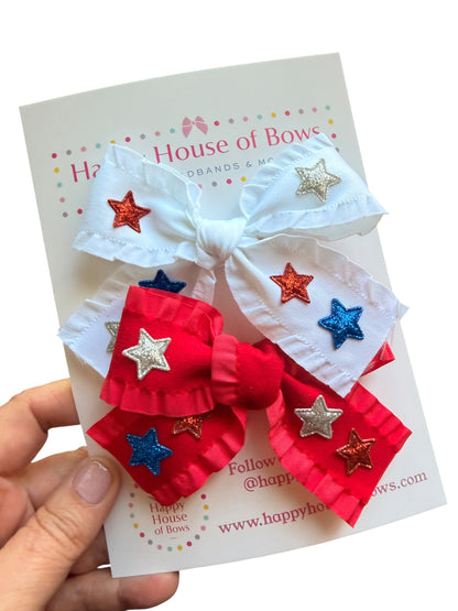 Patriotic Ribbon Hair Bows with Red, Blue & Silver Stars for Girls | 4th of July
