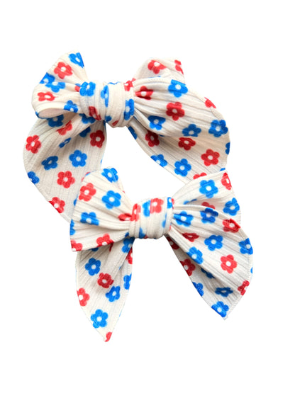 Patriotic Floral Hair Bows for Girls | White with Red & Blue Flowers | 4th of July
