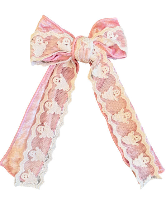 Pink Ghost Lace Long Tail Velvet Hair Bow – Halloween Hair Bow for Girls