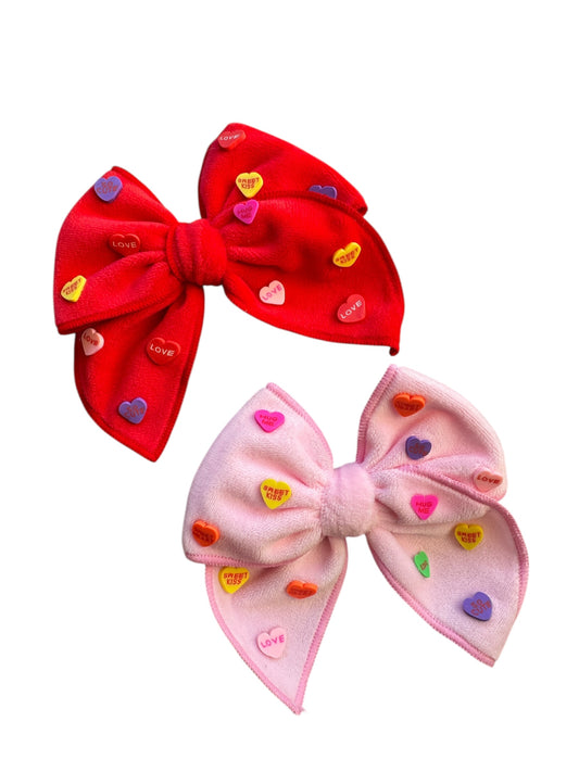 Red or Pink Velvet Candy Heart Hair Bow - Valentine's Day Hair Bow with Conversation Hearts