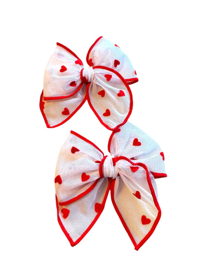 Red Trim Tulle Velvet Heart Hair Bows - Valentine's Day Hair Bows for Girls
