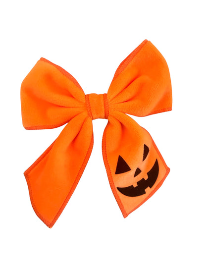 Velvet Pumpkin Jack-O-Lantern Sailor Hair Bow – Halloween Bow for Girls