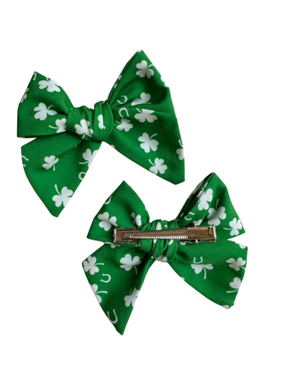St. Patrick's Day Shamrock Hair Bows - Green Horseshoe Alligator Clips Set