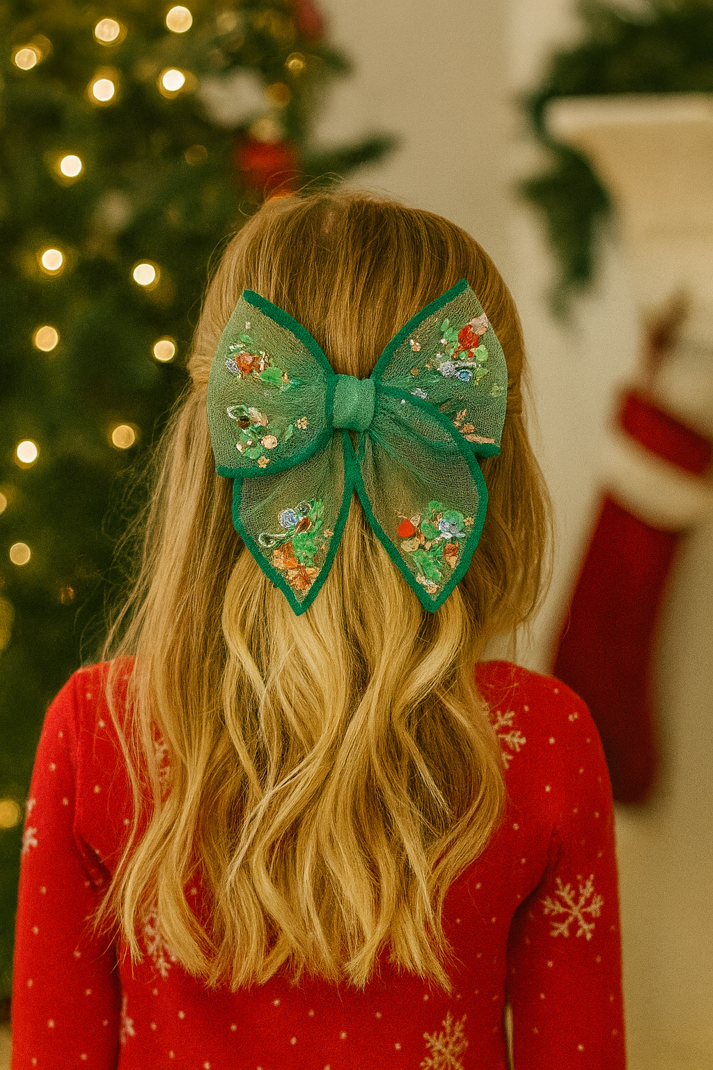 Green Grinch Shaker Hair Bow with Red Heart - Christmas Holiday Hair Accessory