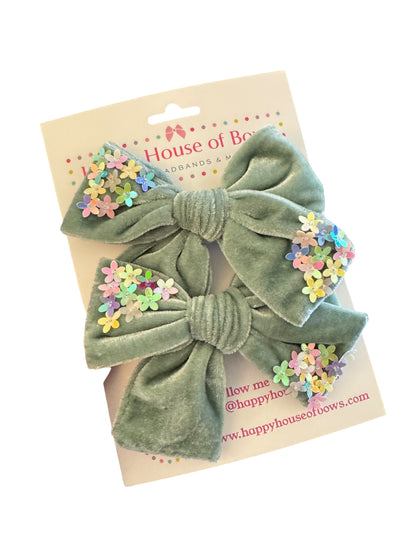 Velvet Hair Bows with Sequin Flowers - Girls Alligator Clip Bows