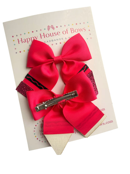 A bright pink and red hair bow set with a silver metal clip, displayed on a branded backing card that reads Happy House of Bows.