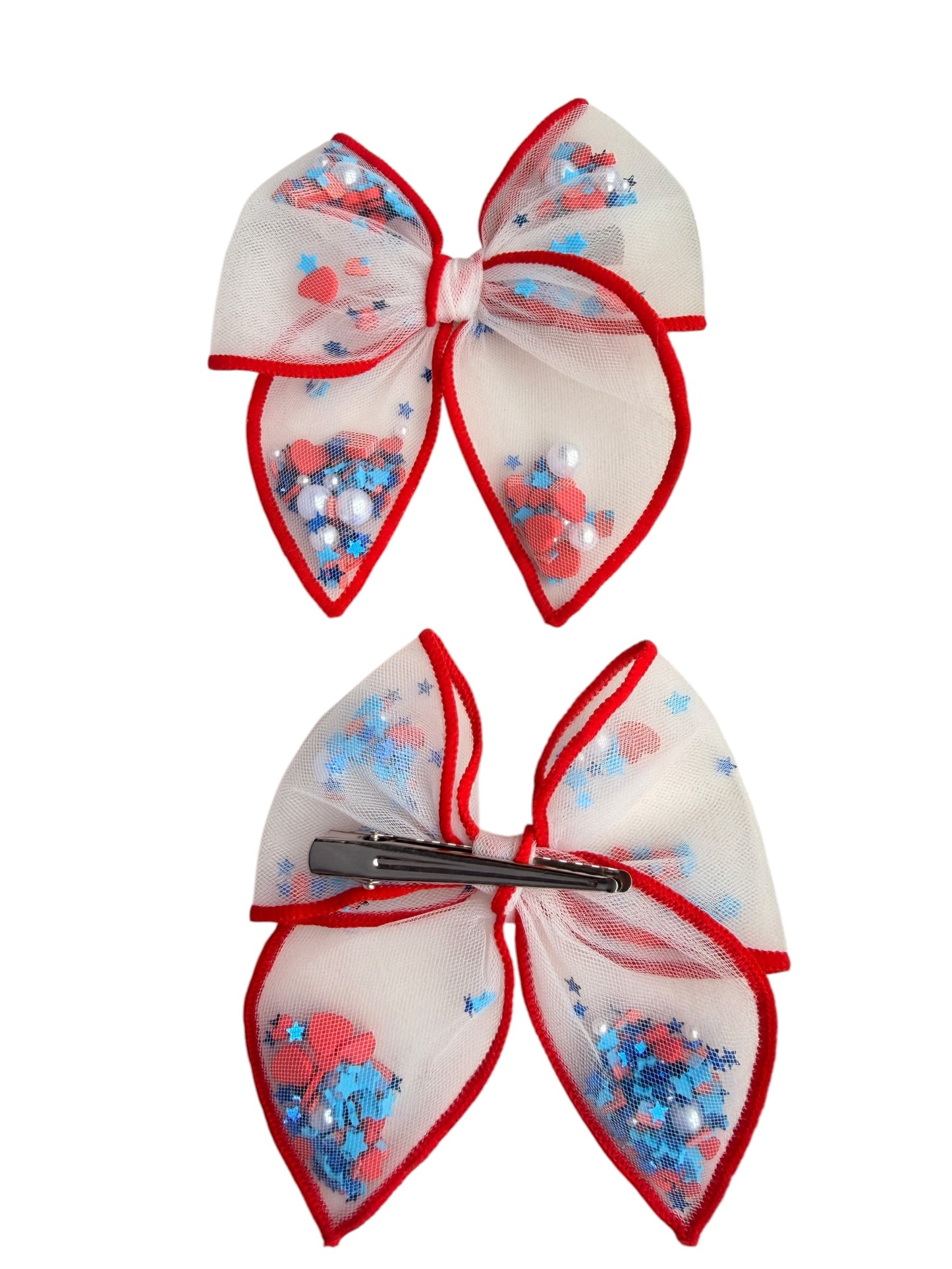 Flags & Hearts Shaker Hair Bows – Patriotic 4th of July Alligator Clip