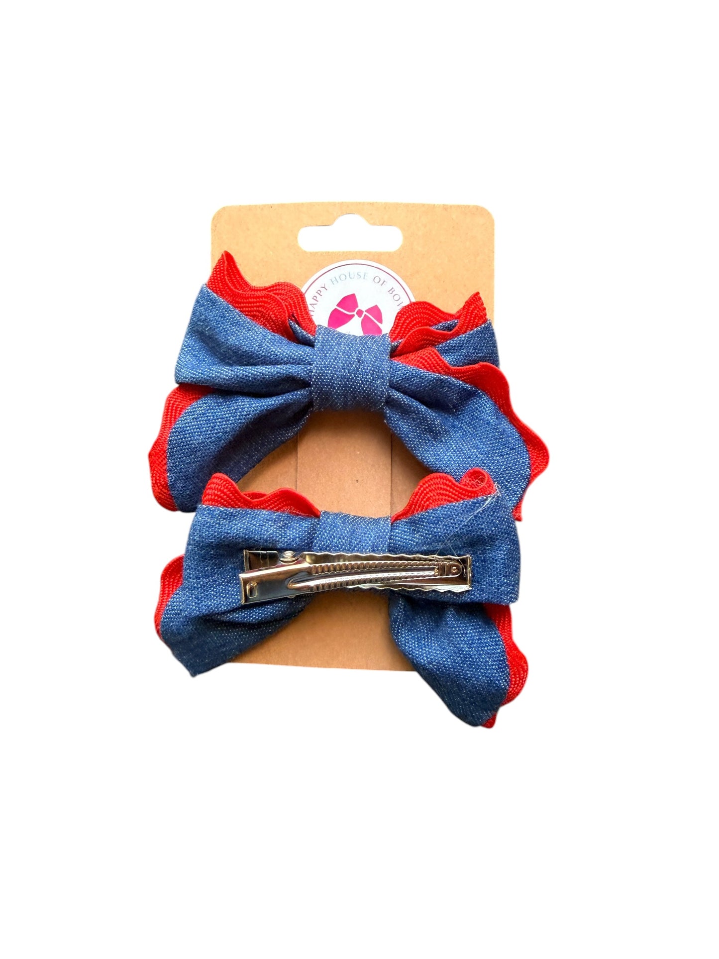 Girls' Denim & Red Hair Bows | Patriotic Bow Clips for Kids