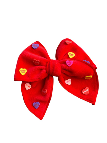 Red or Pink Velvet Candy Heart Hair Bow - Valentine's Day Hair Bow with Conversation Hearts