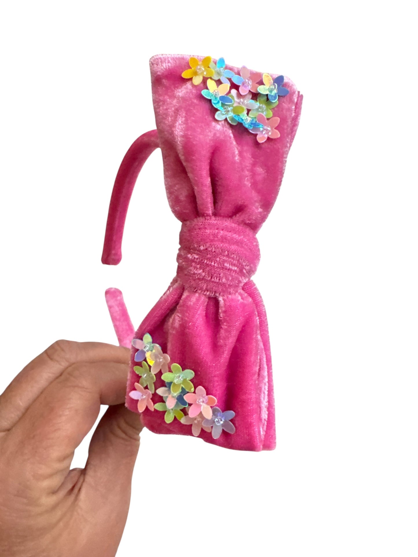 Velvet Bow Headband with Sequin Flowers - Girls & Women Hair Accessory