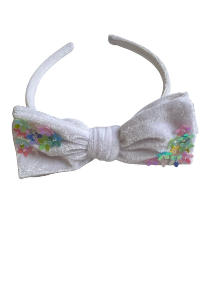 Velvet Bow Headband with Sequin Flowers - Girls & Women Hair Accessory