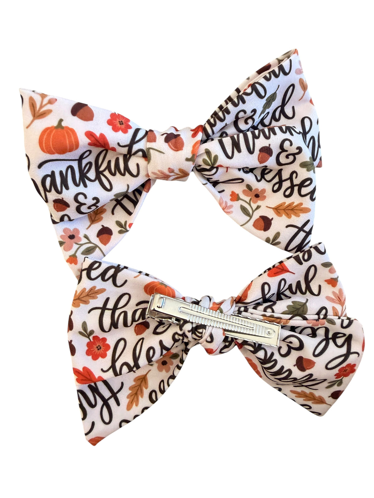 Thankful & Blessed Fabric Sailor Hair Bow – Thanksgiving Hair Bow for Girls