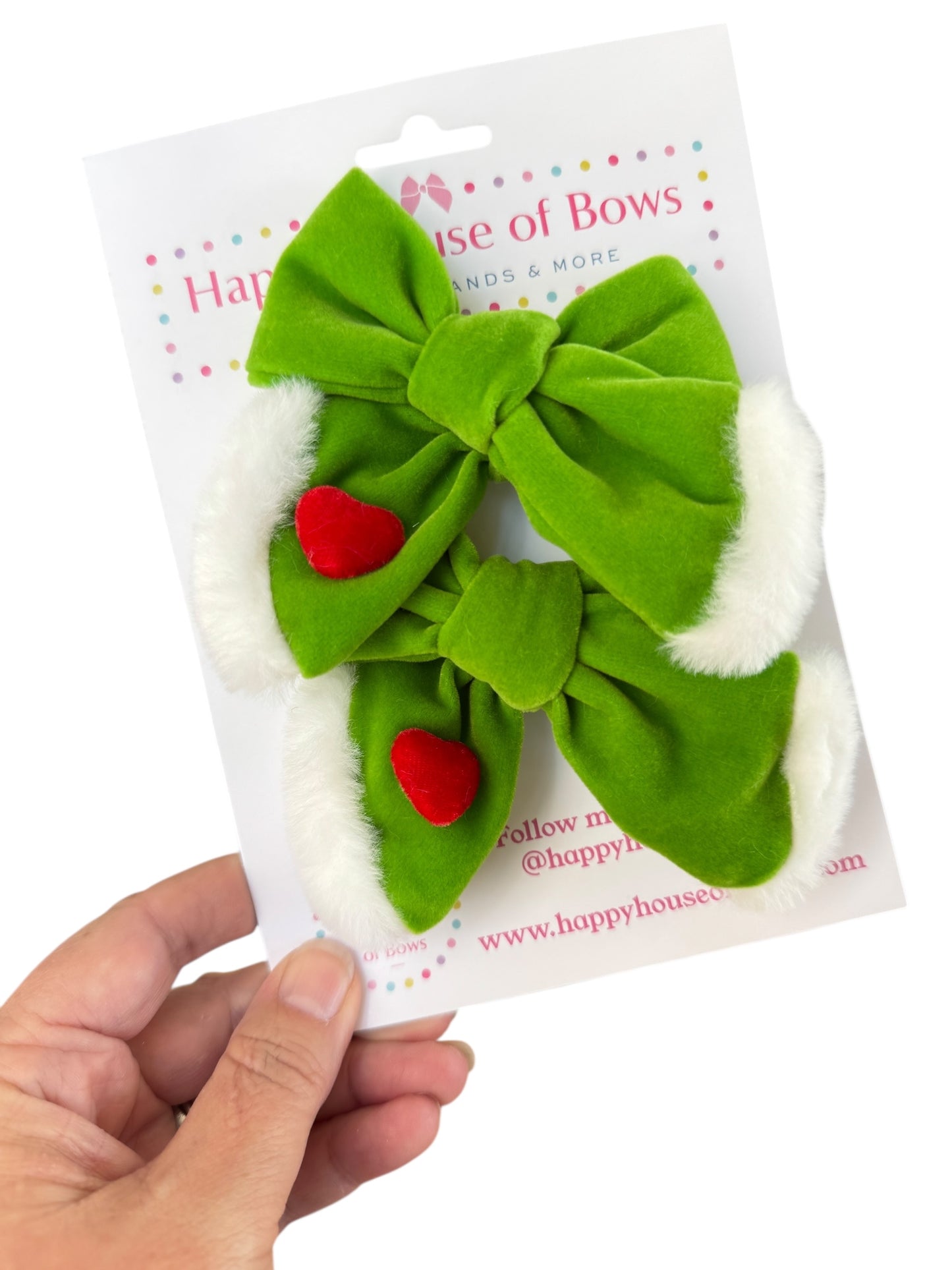 Grinch Hair Bow - Grinch Green & Red Heart Bow