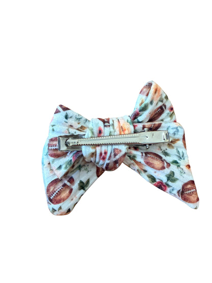Cream Floral Football Hair Bows on Clip