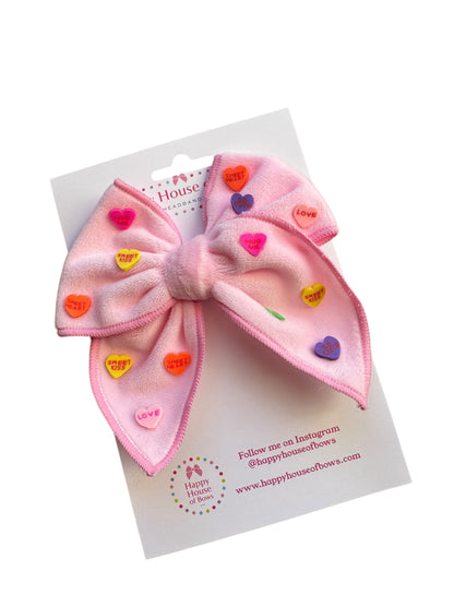 Red or Pink Velvet Candy Heart Hair Bow - Valentine's Day Hair Bow with Conversation Hearts