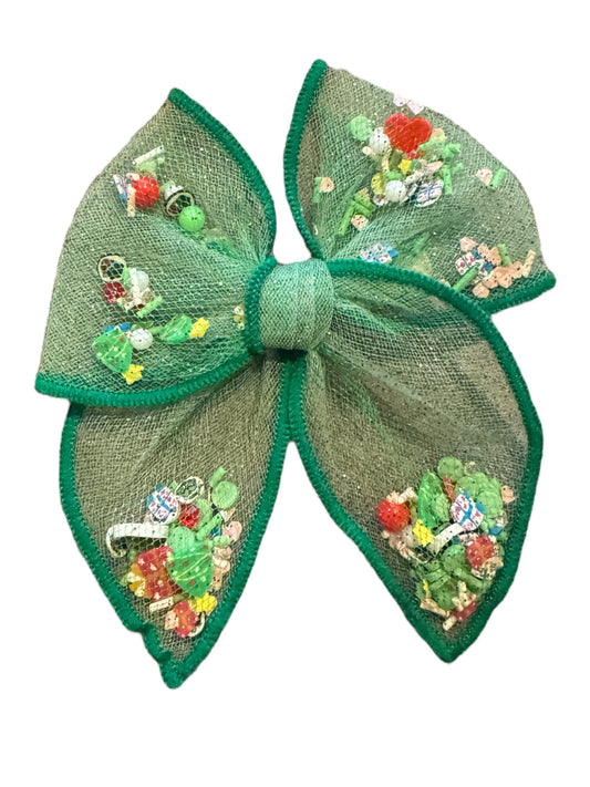 Green Grinch Shaker Hair Bow with Red Heart - Christmas Holiday Hair Accessory