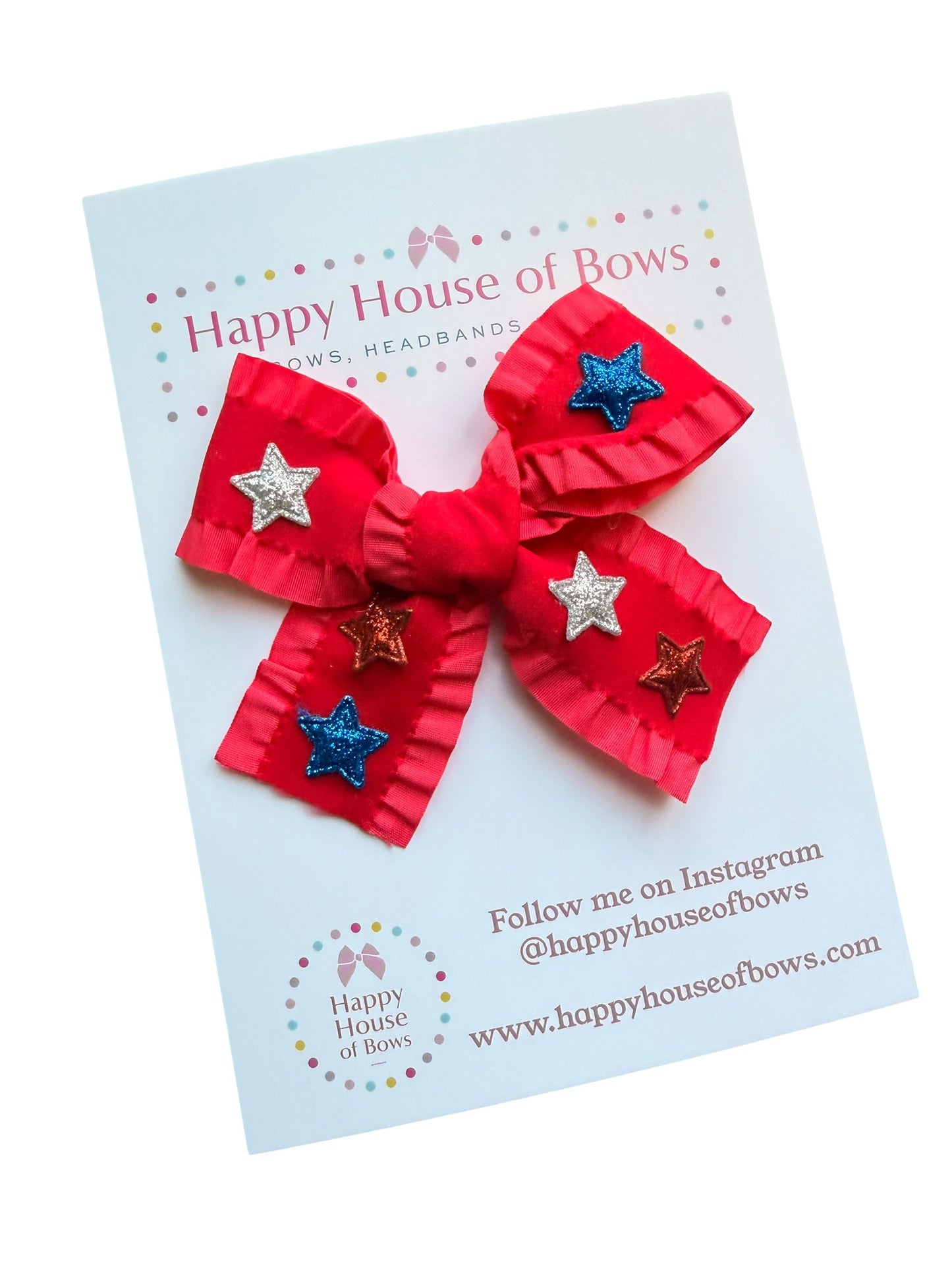 Patriotic Ribbon Hair Bows with Red, Blue & Silver Stars for Girls | 4th of July
