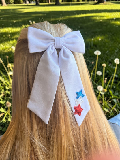 White Linen Star Hair Bow – Patriotic Long Tail Bow for 4th of July