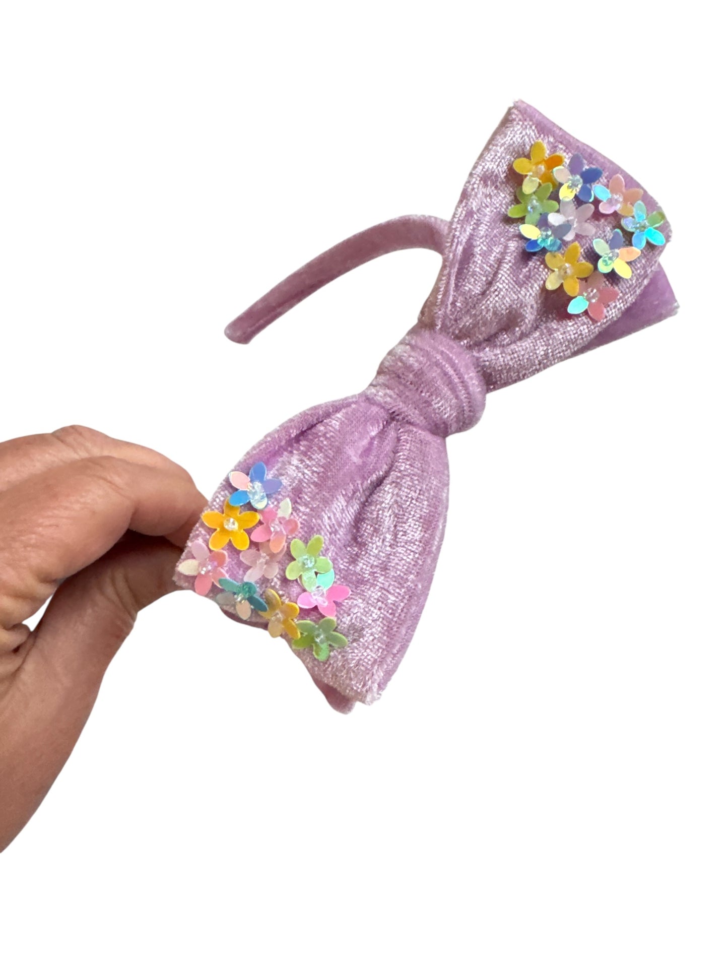 Velvet Bow Headband with Sequin Flowers - Girls & Women Hair Accessory