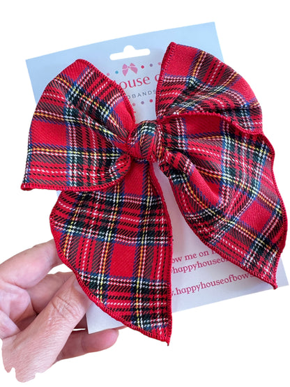 Holiday Red Flannel Hair Bow - Red Plaid Christmas Bow for Girls