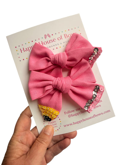 Pink Embellished Pencil Hair Bow for Little Girls – Back to School Alligator Clip