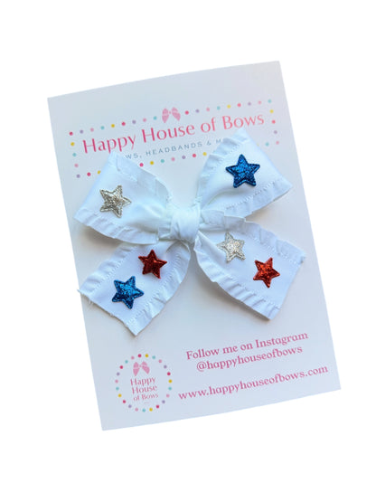 Patriotic Ribbon Hair Bows with Red, Blue & Silver Stars for Girls | 4th of July