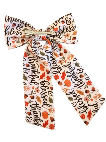 Thankful & Blessed Fabric Sailor Hair Bow – Thanksgiving Hair Bow for Girls