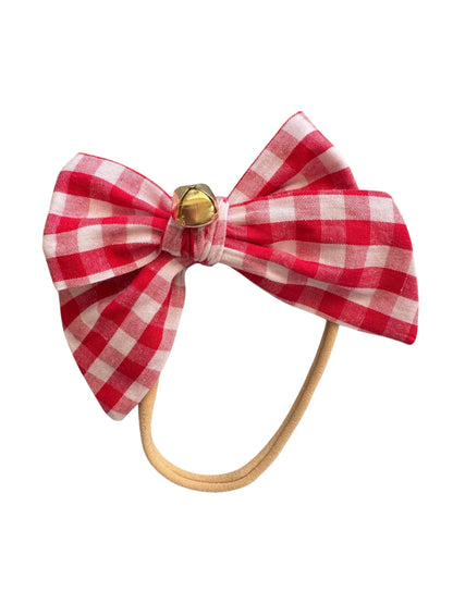 Red Checkered Jingle Hair Bow - Red Plaid Christmas Bow for Girls