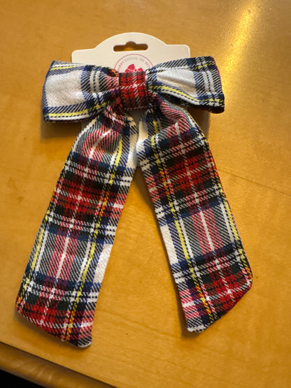 Holiday Flannel Hair Bow - White Plaid Christmas Bow for Girls