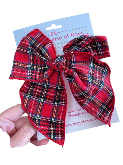 Holiday Red Flannel Hair Bow - Red Plaid Christmas Bow for Girls