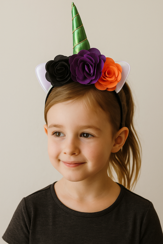 Child wearing a colorful unicorn horn headband with flowers on a plain background