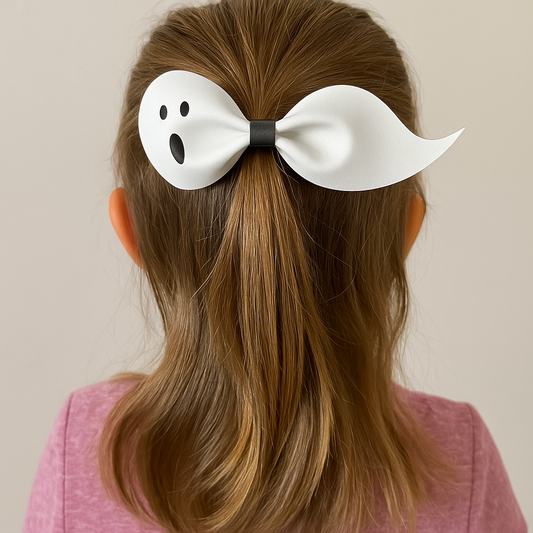 Person with a white ghost-shaped hair clip on a plain background