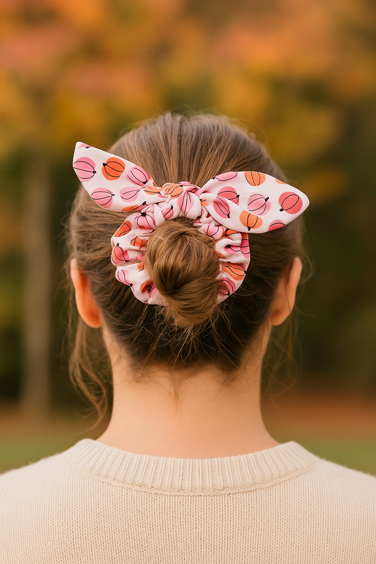 Pink & Orange Pumpkin Bow Scrunchie – Fall Hair Accessory for Women & Girls