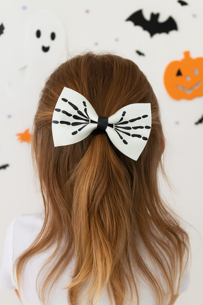 Skeleton Faux Leather Hair Bow for Girls – Halloween Hair Accessory, Spooky Black & White Bow