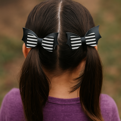 Striped Bat Faux Leather Hair Bows for Girls – Black & White Pigtail Set