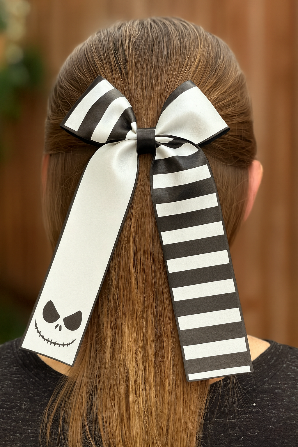 girl wearing a skeleton and striped bow on a ponytail