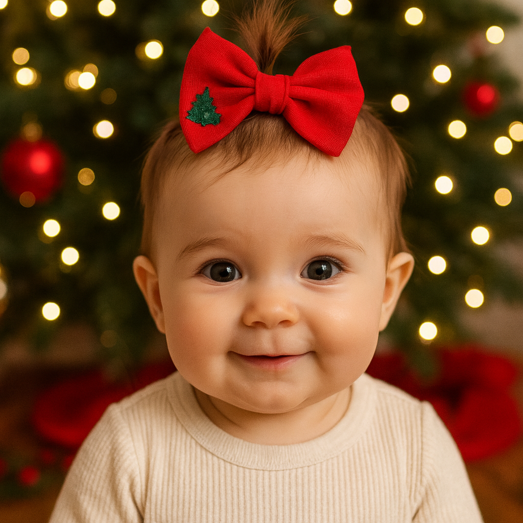 Small Christmas Tree Linen Hair Bows - Holiday Bows for Girls